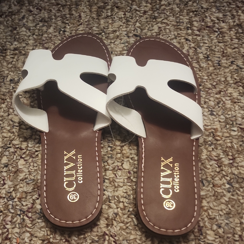 NY Collection White Leather Slide Sandals for Women
